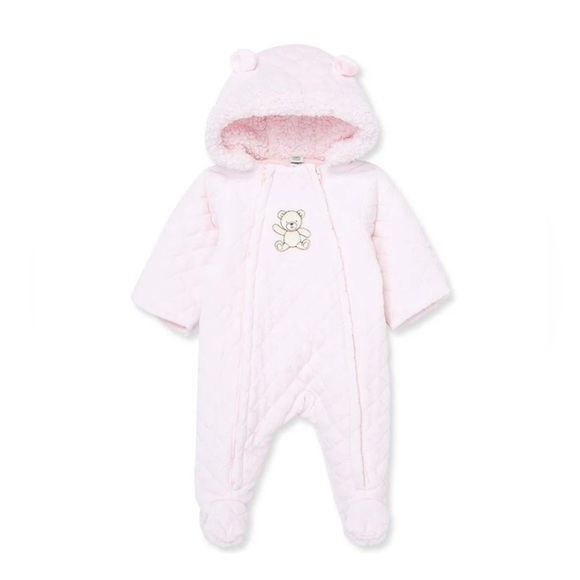 LITTLE ME Pink Bear Quilted Velour Pram Footie Size 6-9 months - Picture 1 of 5